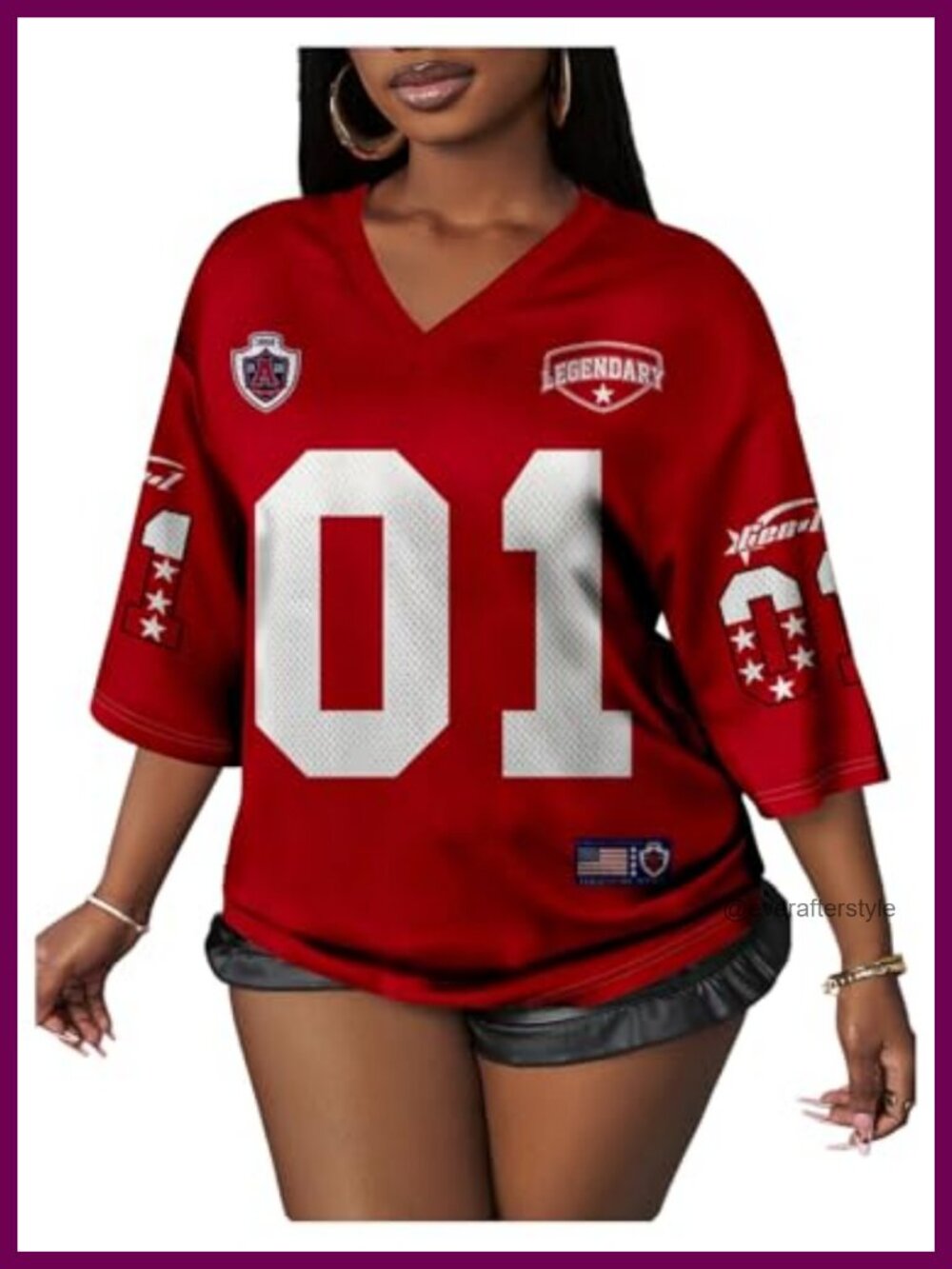 Women's V-Neck Football Jersey 3/4 Sleeve Graphic T-Shirt Loose Fit